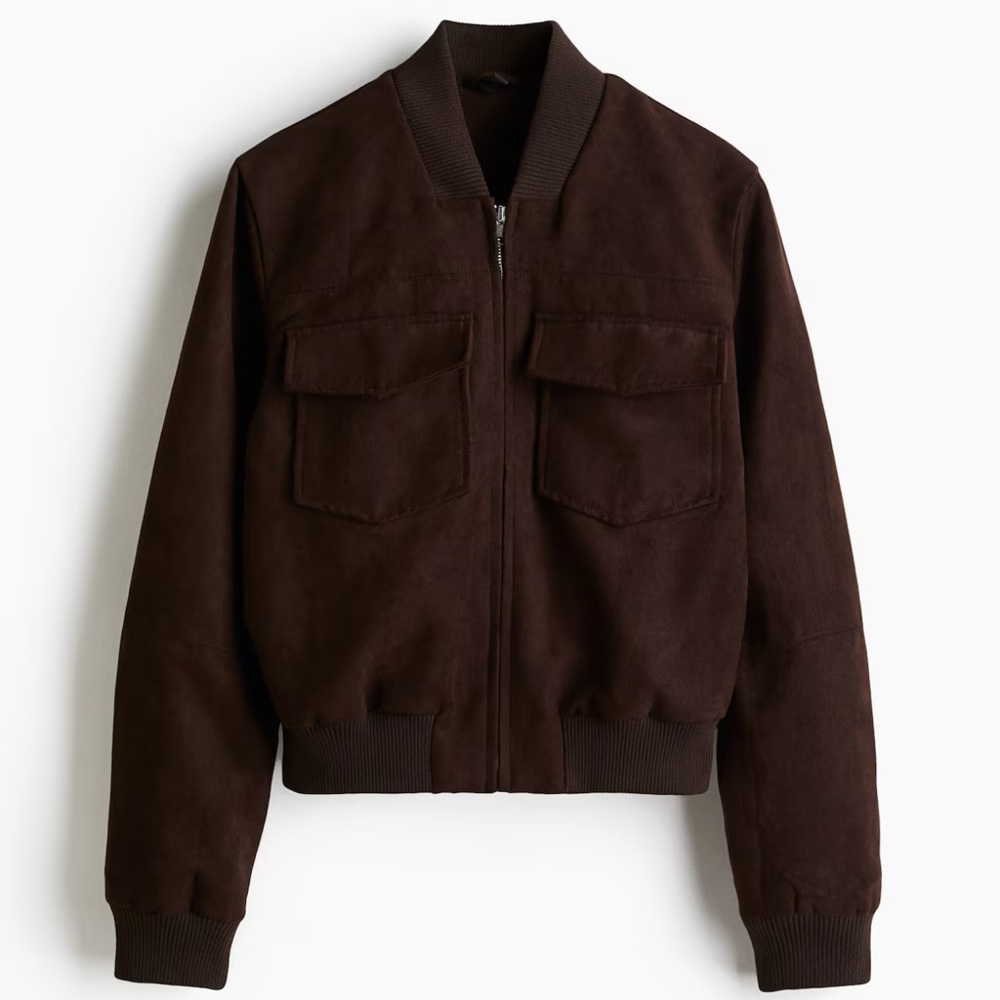 H&M Faux Suede Bomber Jacket in Dark Brown
